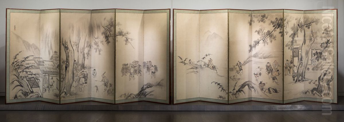 Monkey Trainers and Scenes of Chinese Life Oil Painting by Kano Yasunobu