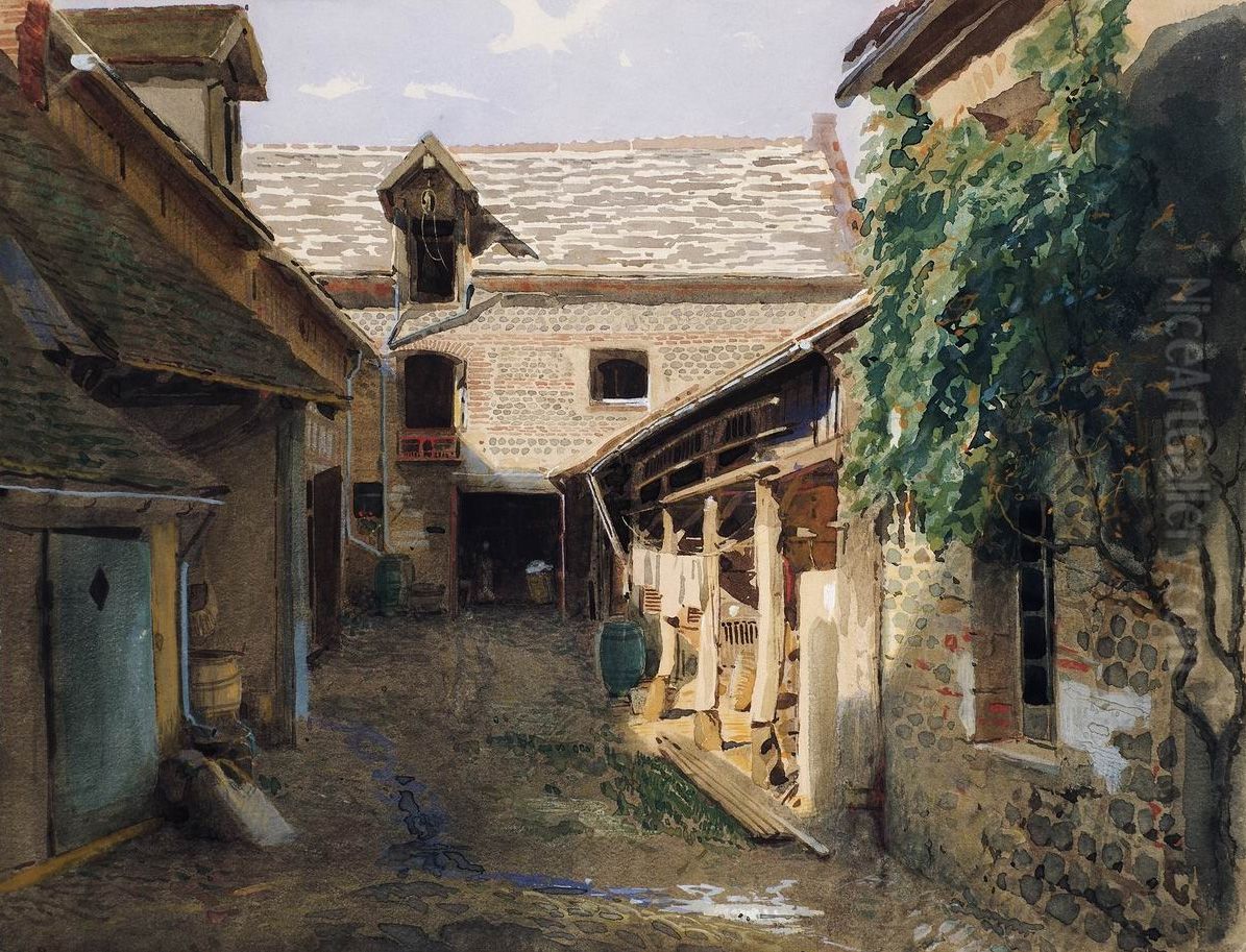 Village courtyard in France Oil Painting by Ivan Kramskoi