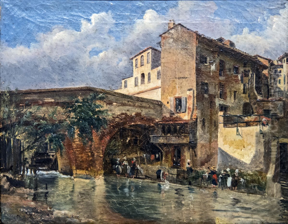 The Tounis bridge and the washerwomenFrancais:Le pont de Tounis et les lavandieresItaliano:Il ponte di Tounis e le lavandaie Oil Painting by unknown