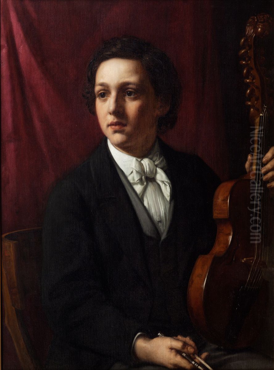 A young musician with his violin. Portrait of Ms. Rung (1854-1914) Oil Painting by Holger Roed
