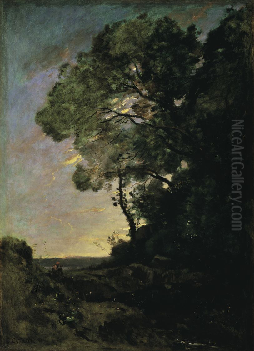 Tree landscape (evening) Oil Painting by Jean-Baptiste Camille Corot