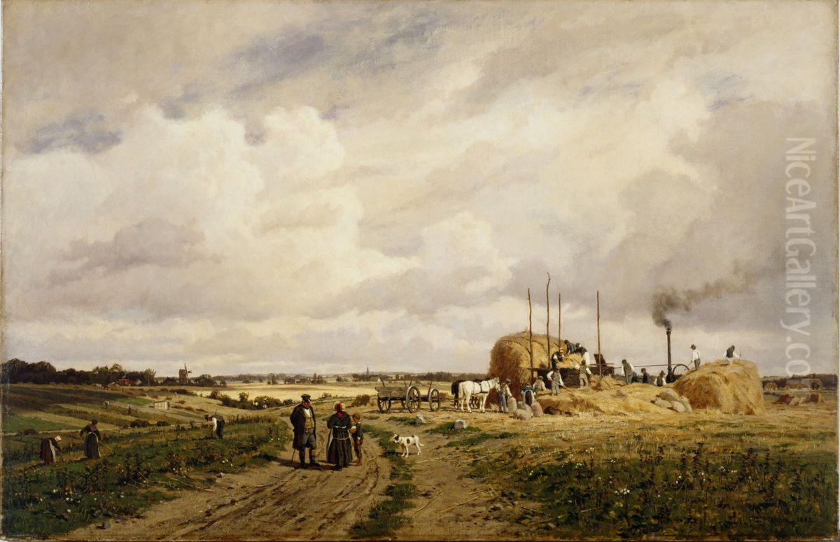 Use of the first threshing machine at Lankow near Schwerin in 1882 Oil Painting by Carl Malchin