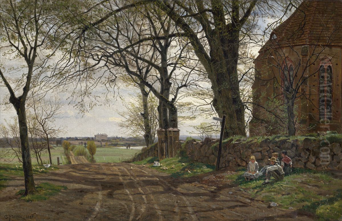Dirt road at the village church Gressow, in the backgroundTressow Castlenear Wismar Oil Painting by Carl Malchin