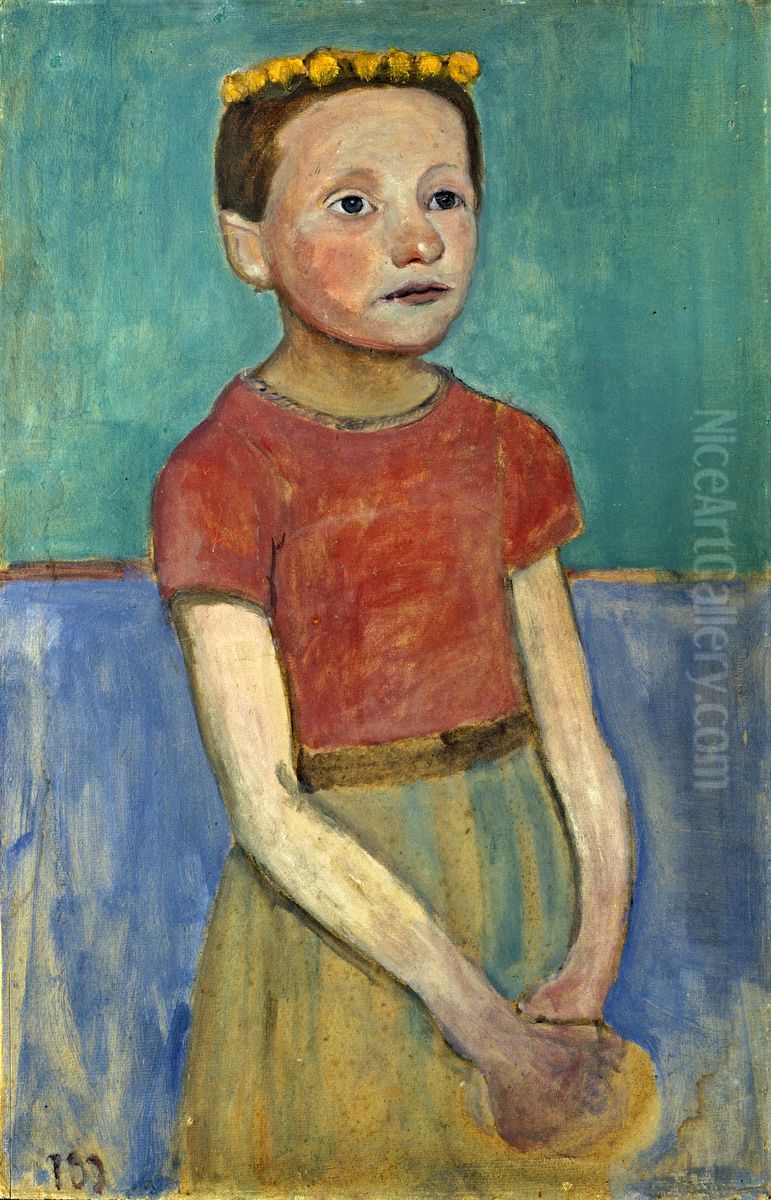 Half figure of a girl with a yellow wreath in her hair Oil Painting by Paula Modersohn-Becker