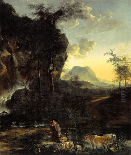 Landscape with waterfall and shepherd Oil Painting by Adam Pynacker