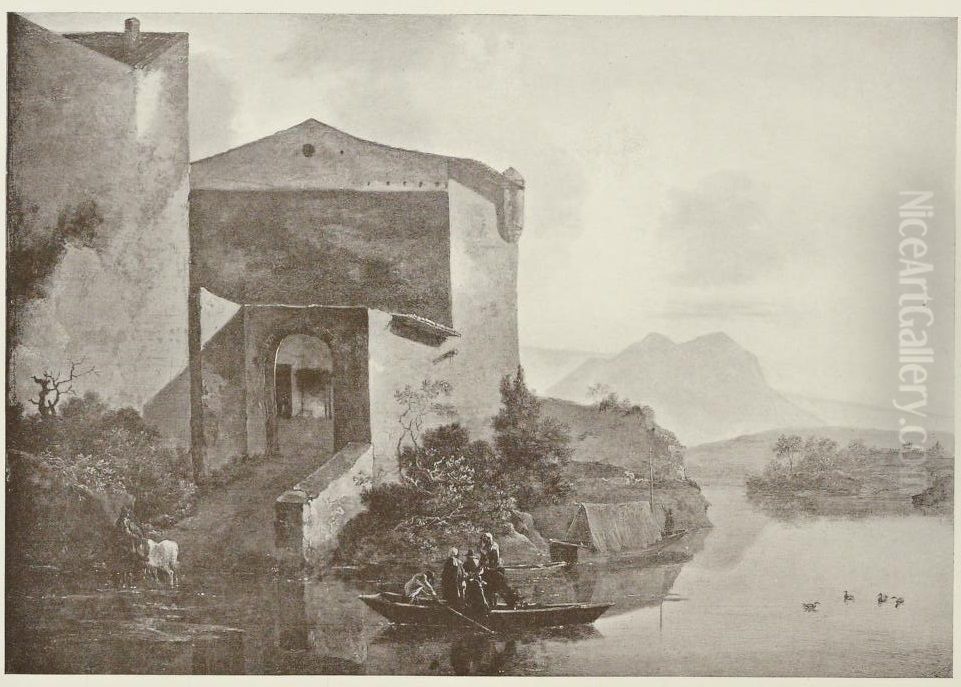 Italianate landscape with a house in the bend of a river Oil Painting by Adam Pynacker