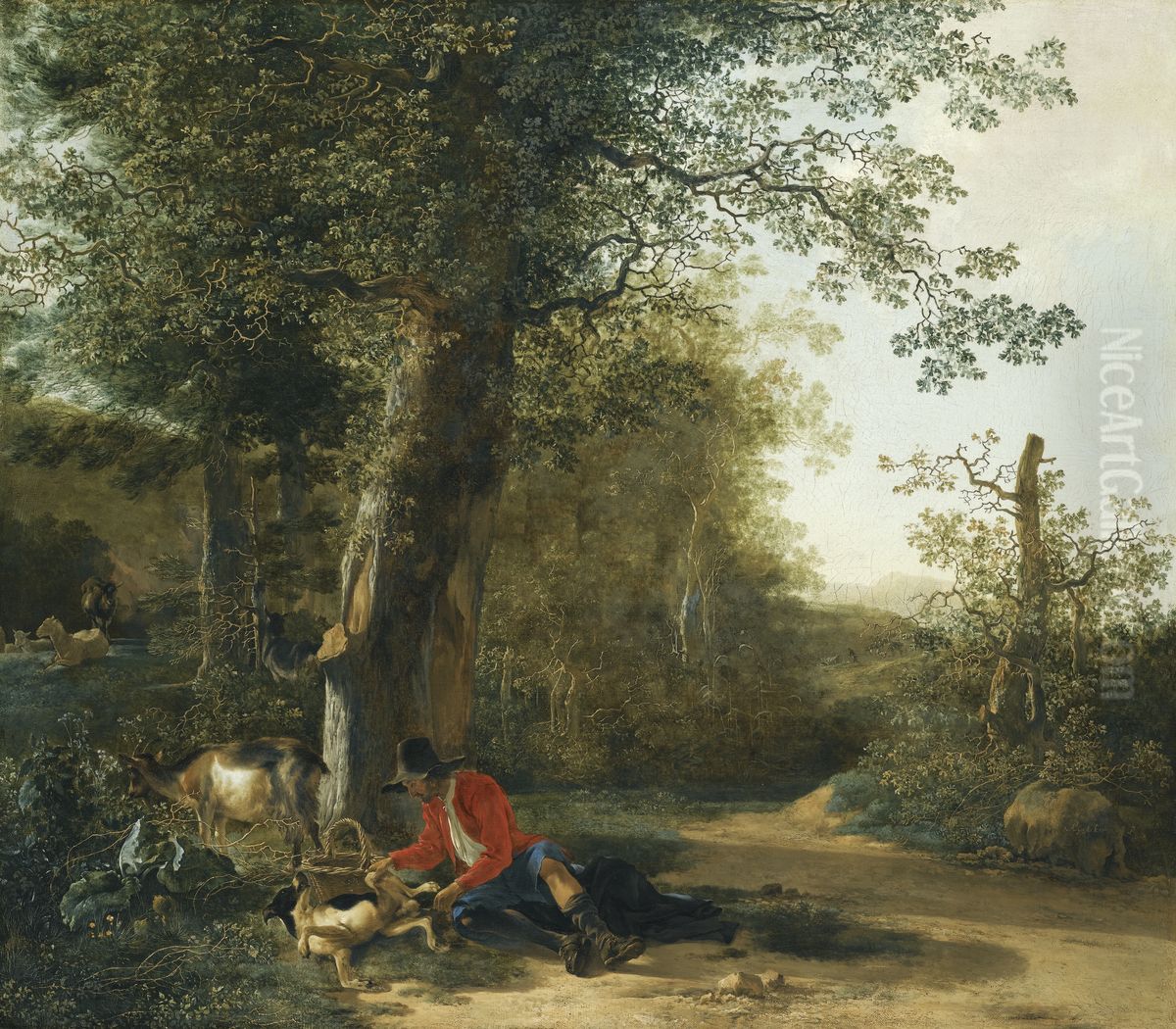 Peasant playing with his dog while resting at the margin of a wood Oil Painting by Adam Pynacker