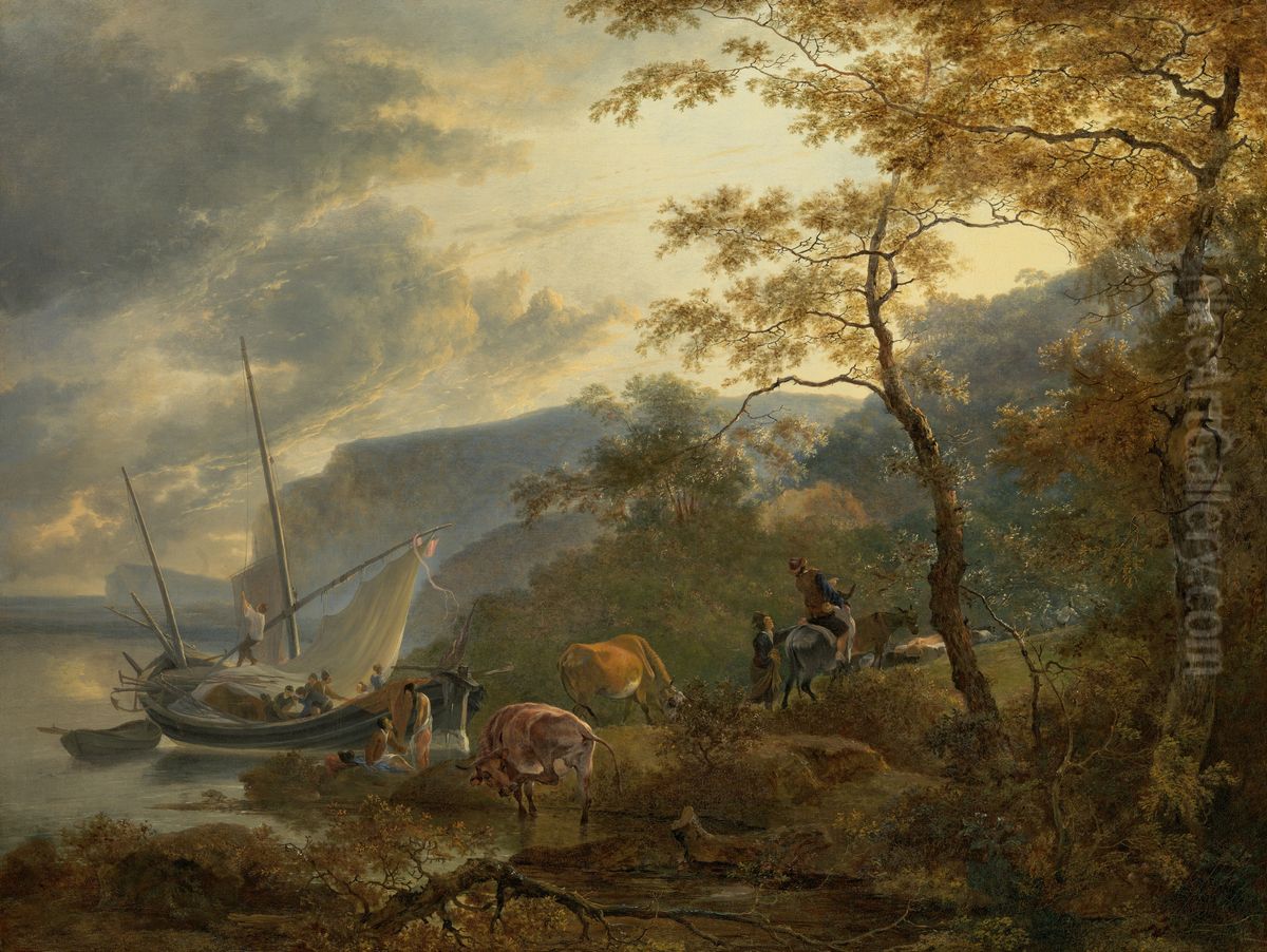 Zuidelijk berglandschap met zeilboot bij een aanlegplaats Oil Painting by Adam Pynacker