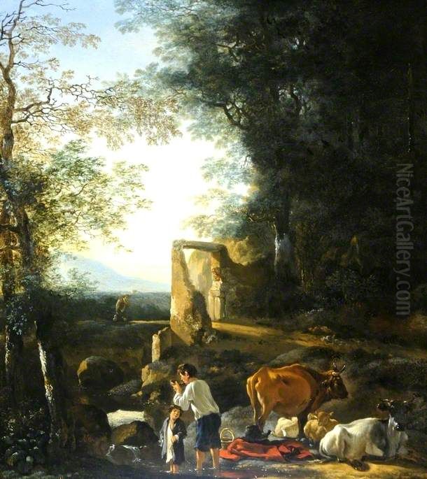 Landscape with Cattle and Figures Oil Painting by Adam Pynacker