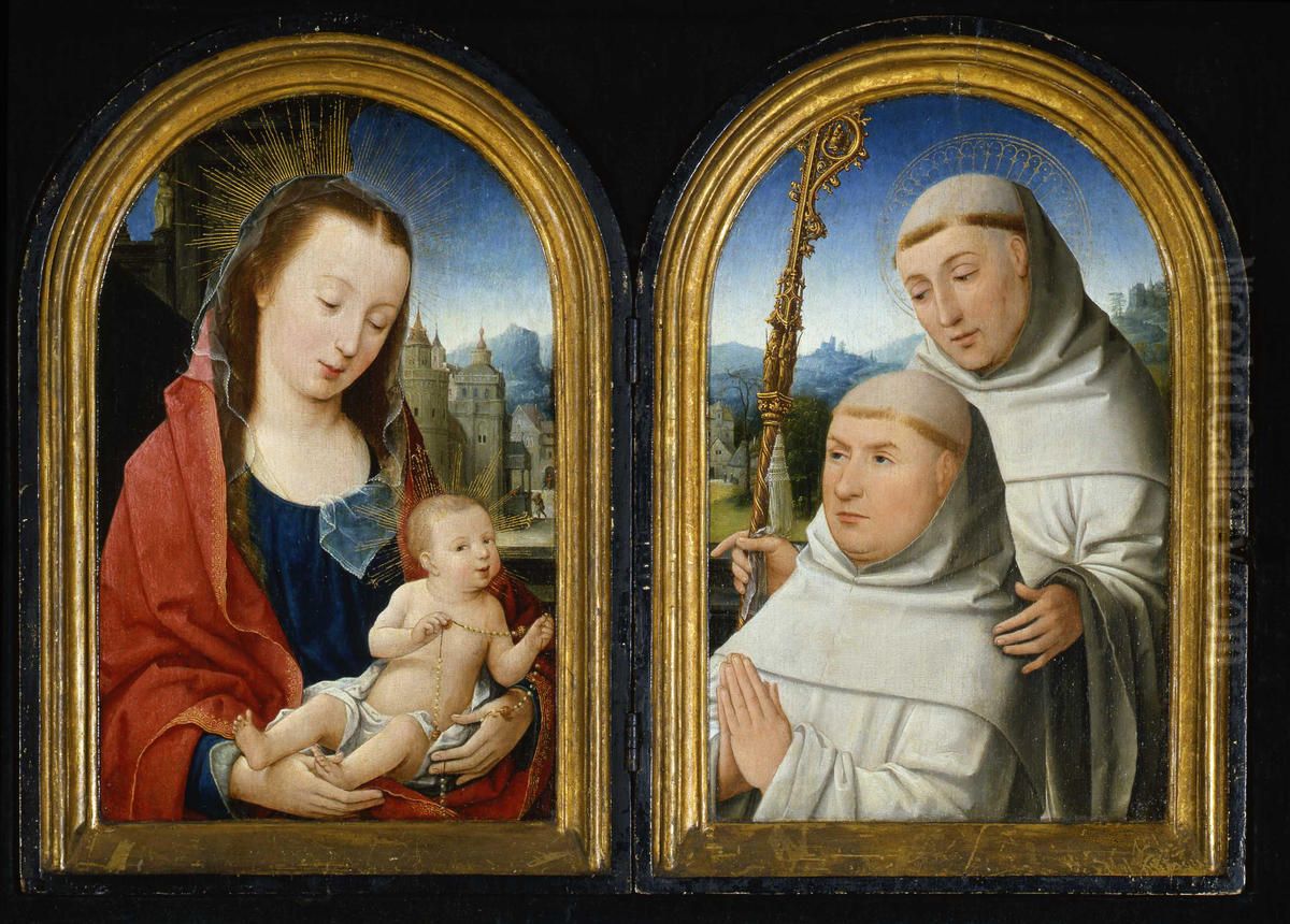 diptych Madonna and Child, St. Bernard with Cistercian Monk, Guillaume Bollart with the Abbess of Flines, Jeanne de Boubais on the reverse Oil Painting by Jehan Bellegambe