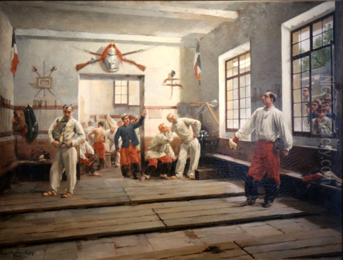 A la salle d'armes - La lecon de veille Oil Painting by Marius Roy