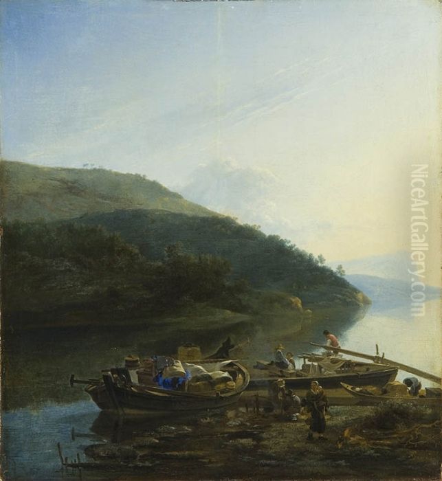 Riverscape with Laden Boats Oil Painting by Adam Pynacker