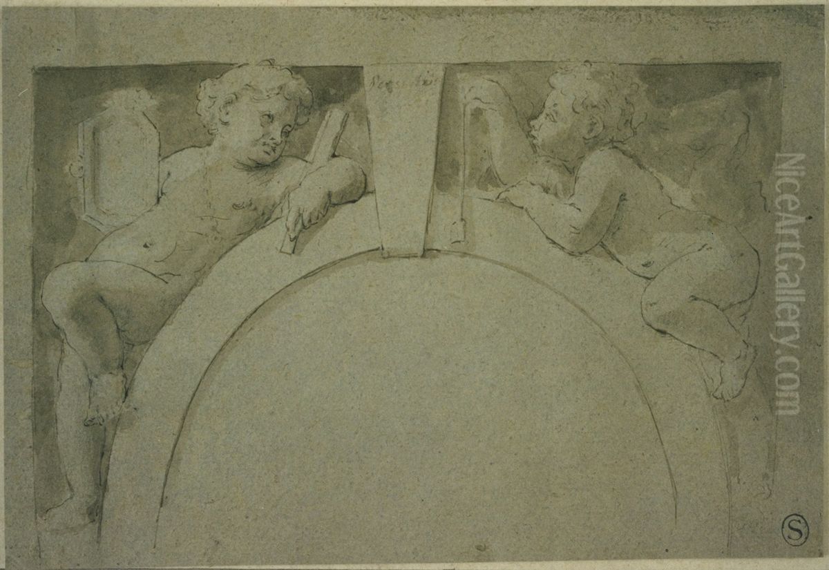 Twee kinderen in de zwikken van een rondboog Oil Painting by Antoine Lepautre