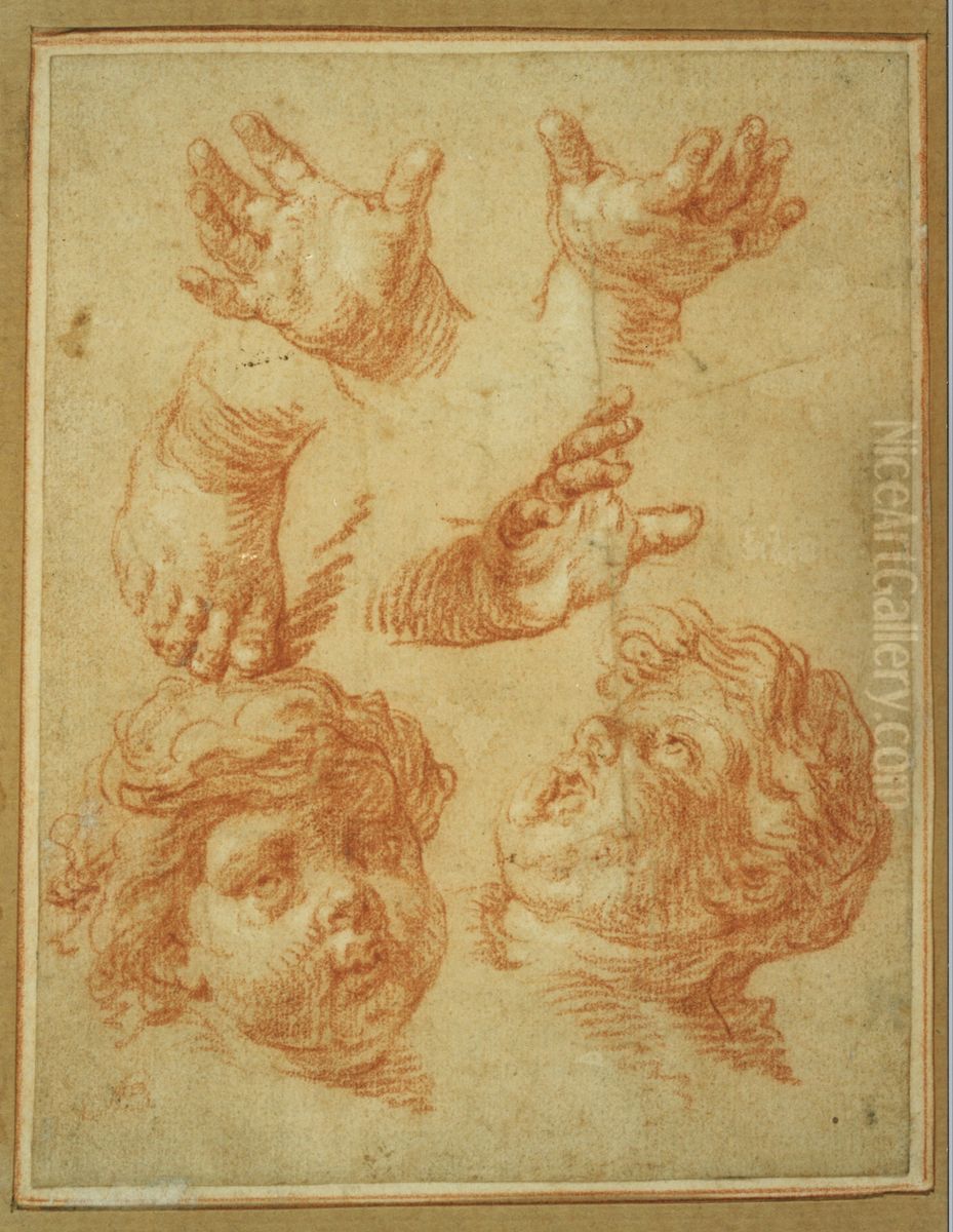 Studieblad van twee hoofden, drie handen en een voet van kinderen Oil Painting by unknown