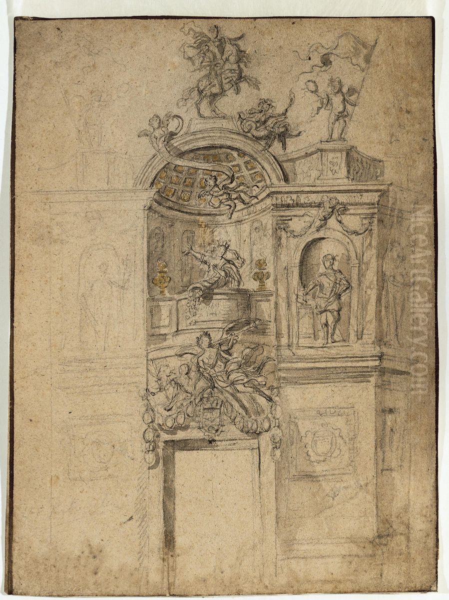 Ebauche d'un arc de triomphe dont le motif central est un renfoncement et comportant egalement des figures allegoriques Oil Painting by unknown