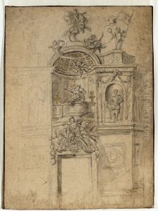 Ebauche d'un arc de triomphe dont le motif central est un renfoncement et comportant egalement des figures allegoriques