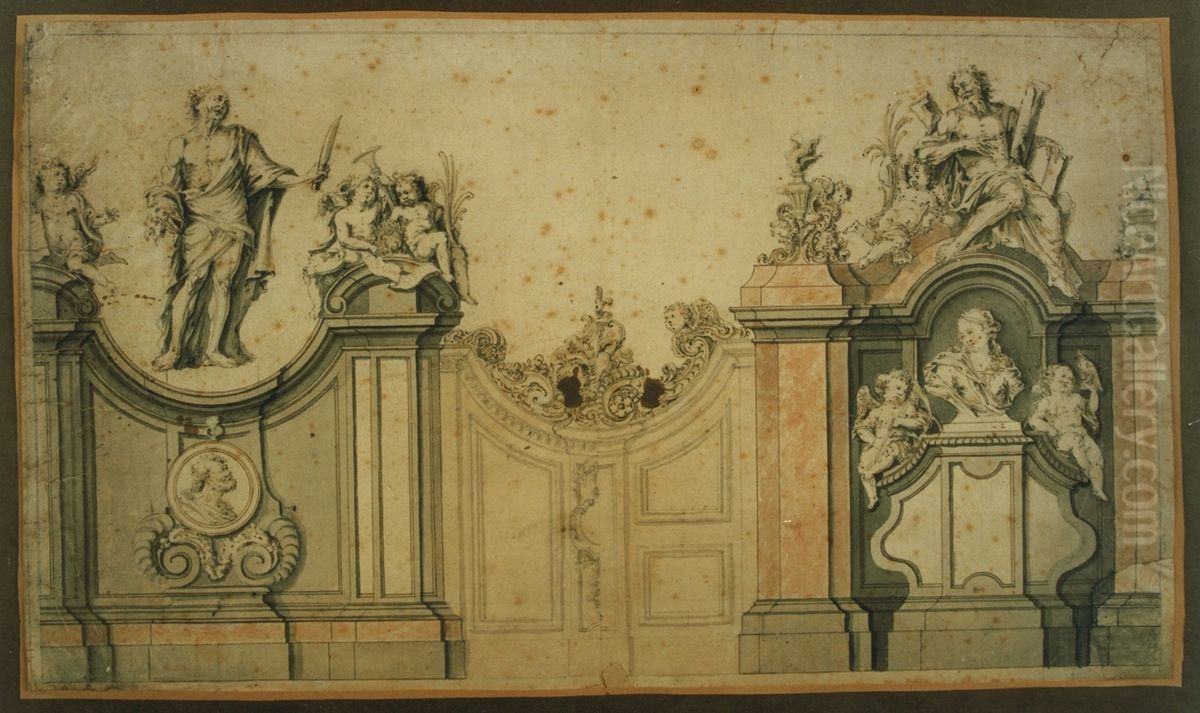 Design for a garden with statues of the Apostles Bartholomew and Andrew Oil Painting by Willem Ignatius Kerricx