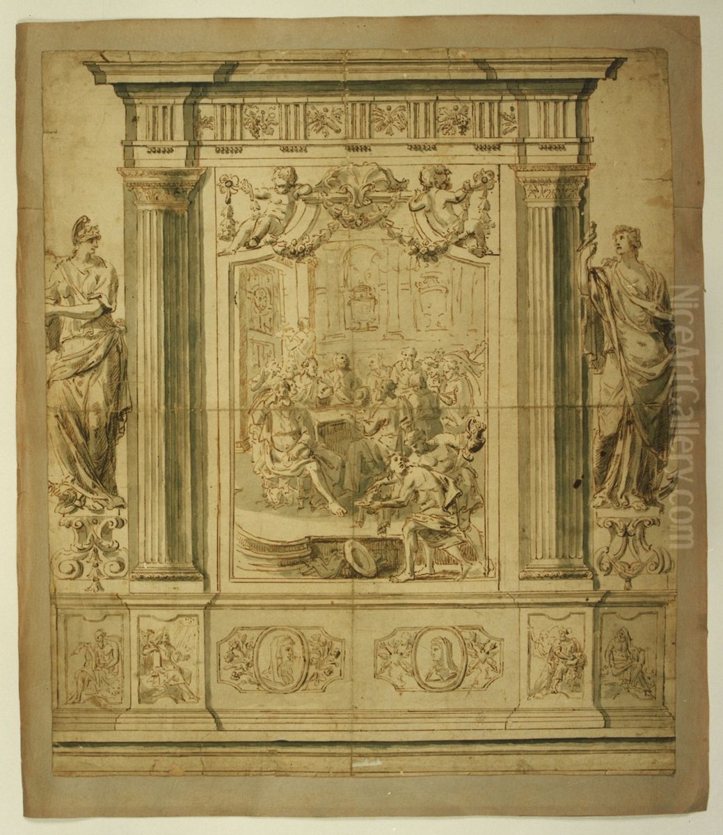 Ontwerp voor een monumentaal altaarretabel met voorstelling van het Laatste Avondmaal Oil Painting by Pieter Scheemaeckers