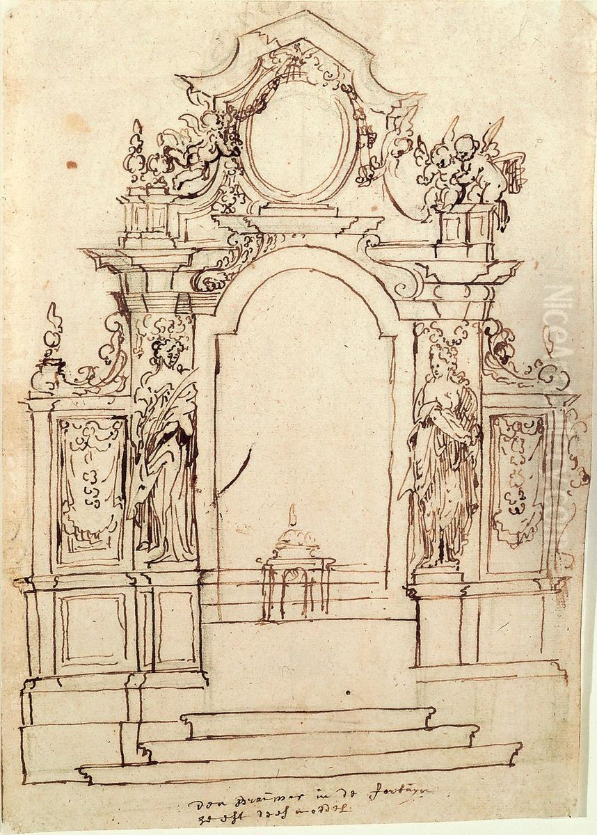 Design for a portico altar with side panels, probably for the former St. Walburga Church in Antwerp Oil Painting by Pieter Scheemaeckers