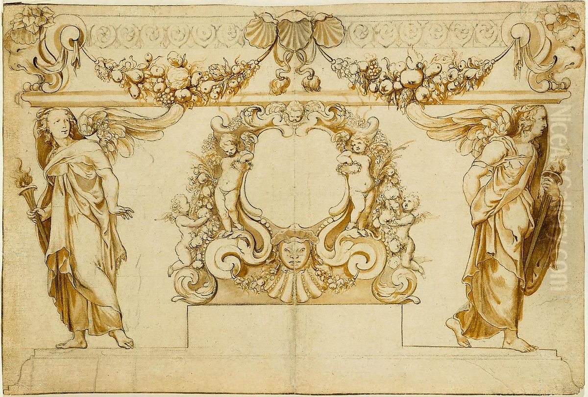 Figurative decoration with cartouche in the centre Oil Painting by unknown