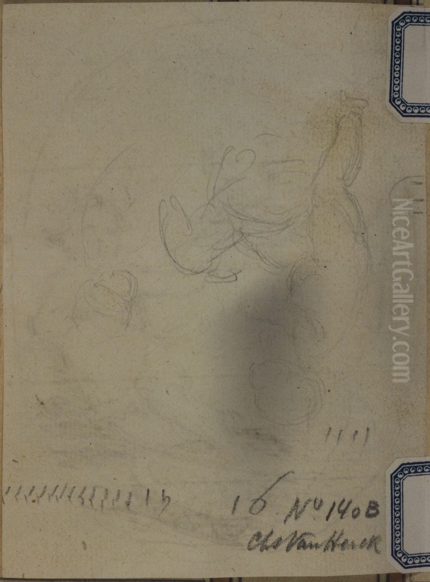 Pencil sketch of a cherub riding an animal Oil Painting by unknown