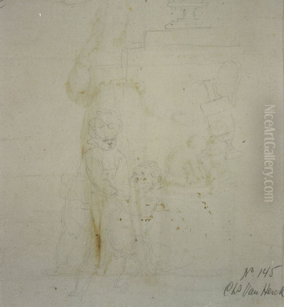 Dessin au crayon de deux enfants Oil Painting by unknown