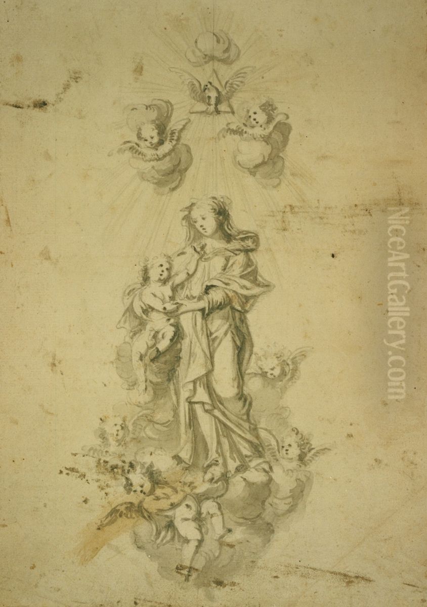 Tableau de la Sainte Vierge avec anges Oil Painting by Willem Ignatius Kerricx