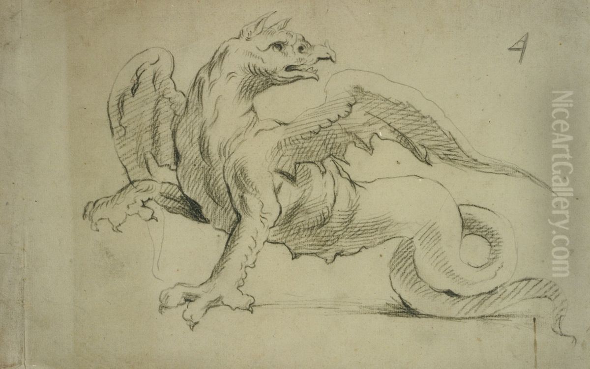 Draak, naar links gekeerd, met kop draaiend naar rechts Oil Painting by unknown
