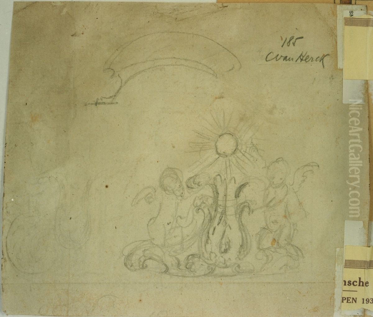 Esquisse d'un motif acanthes, flanque de deux cherubins Oil Painting by unknown