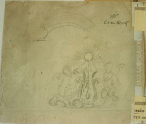 Esquisse d'un motif acanthes, flanque de deux cherubins