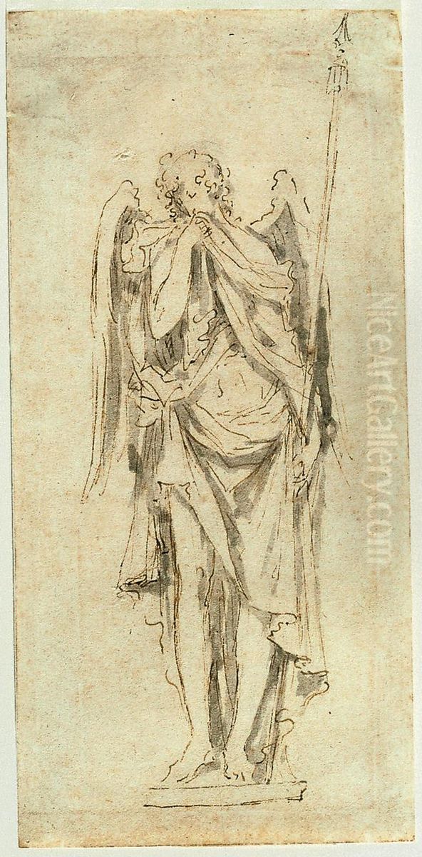 Ontwerp voor het beeld van een treurende engel met de lans der Passie in de Sint-Nicolaaskerk te Brussel Oil Painting by Lodewijk Willemsens