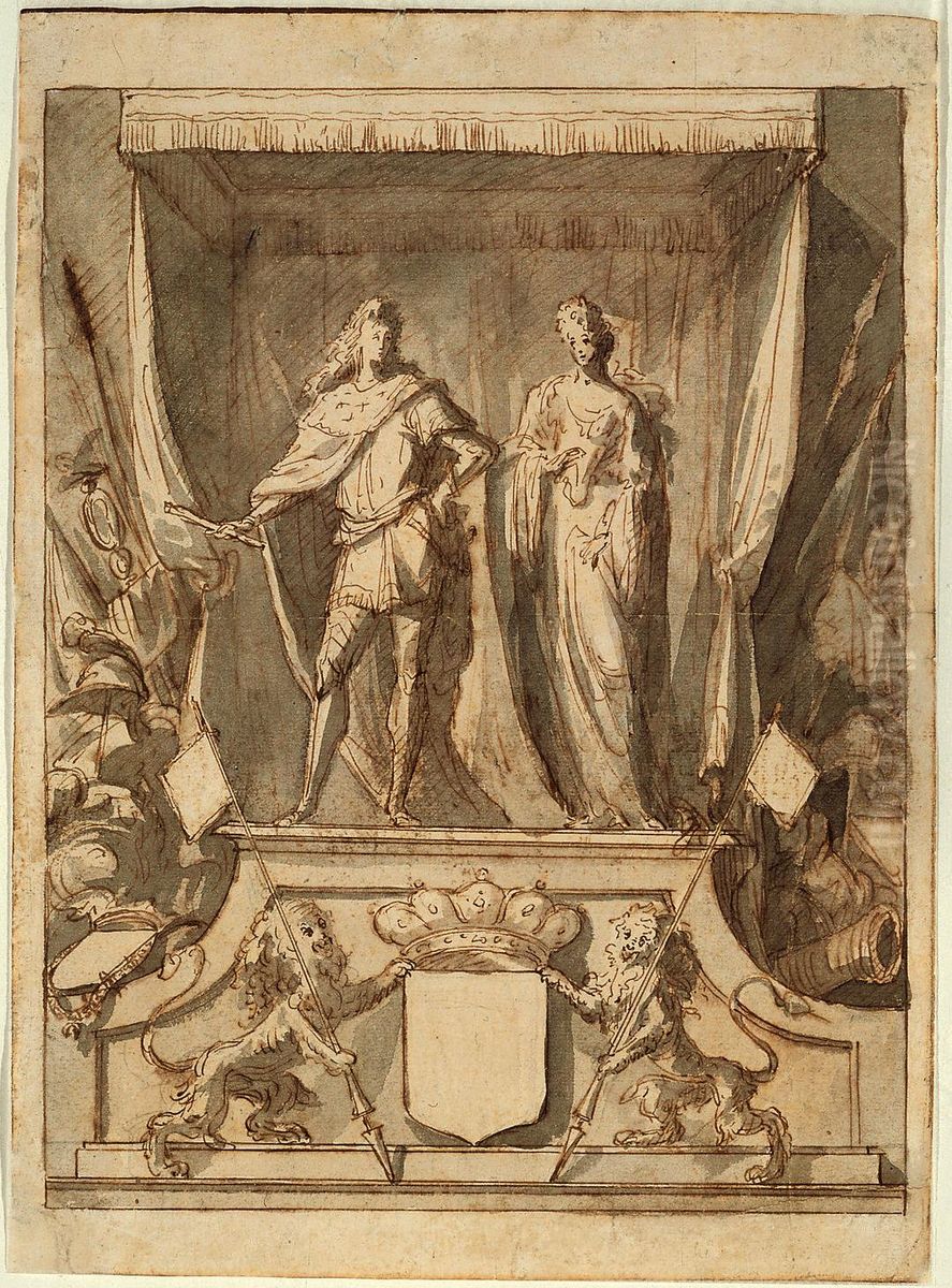 Ontwerp voor een ere-troon met de voorstelling van de graaf van Monterey en een allegorische vrouwenfiguur Oil Painting by Lodewijk Willemsens