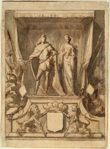 Ontwerp voor een ere-troon met de voorstelling van de graaf van Monterey en een allegorische vrouwenfiguur