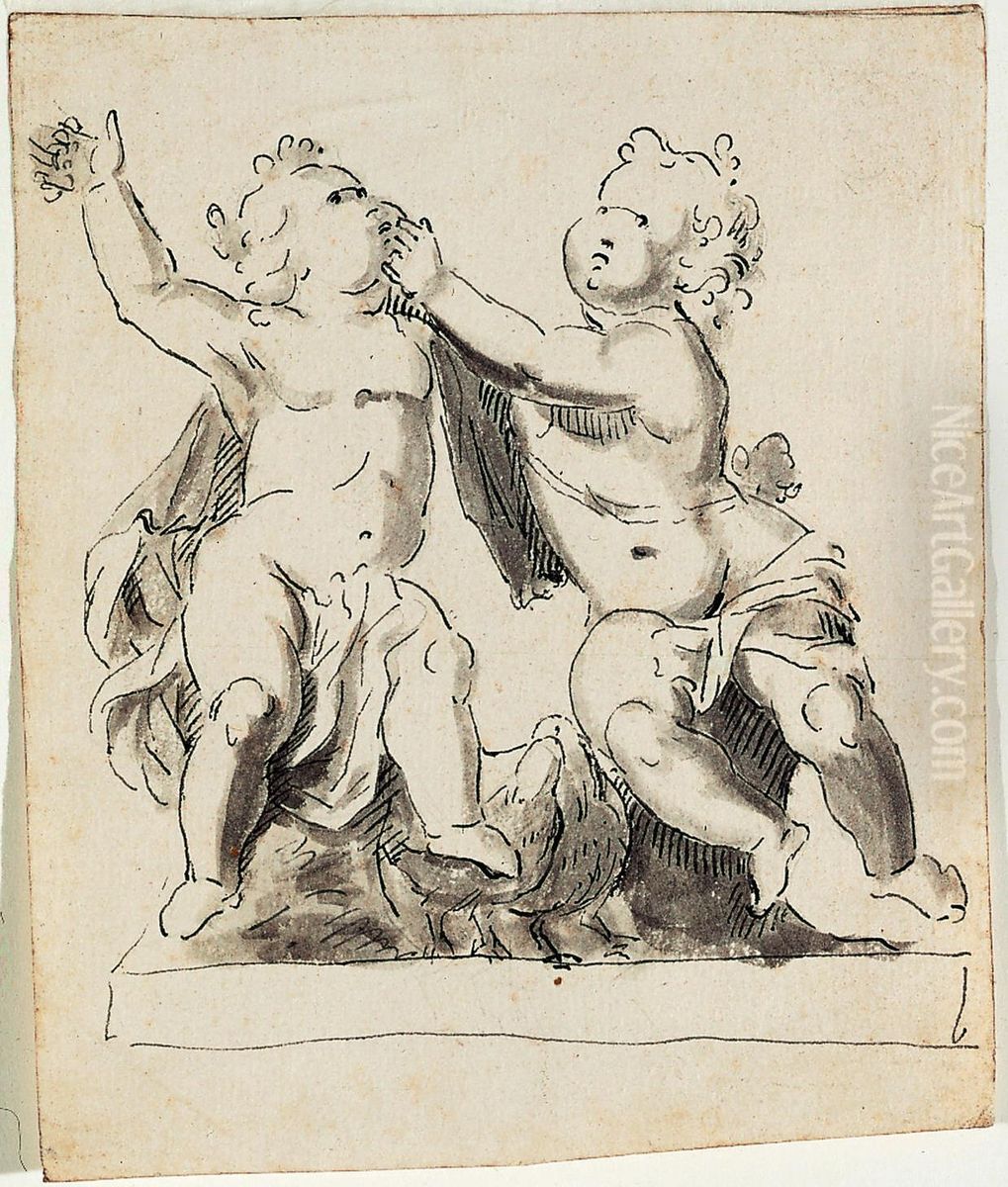Entwurf fur ein Gartenstatue, bestehend aus zwei sitzenden Kindern Oil Painting by Jan Pieter van Baurscheit the Elder