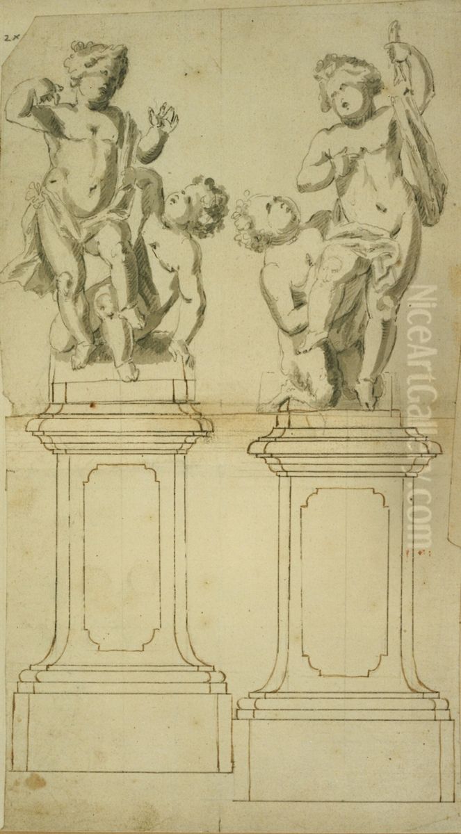 Two groups of children at play on a pedestal Oil Painting by Jan Pieter van Baurscheit the Elder