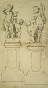 Two groups of children at play on a pedestal