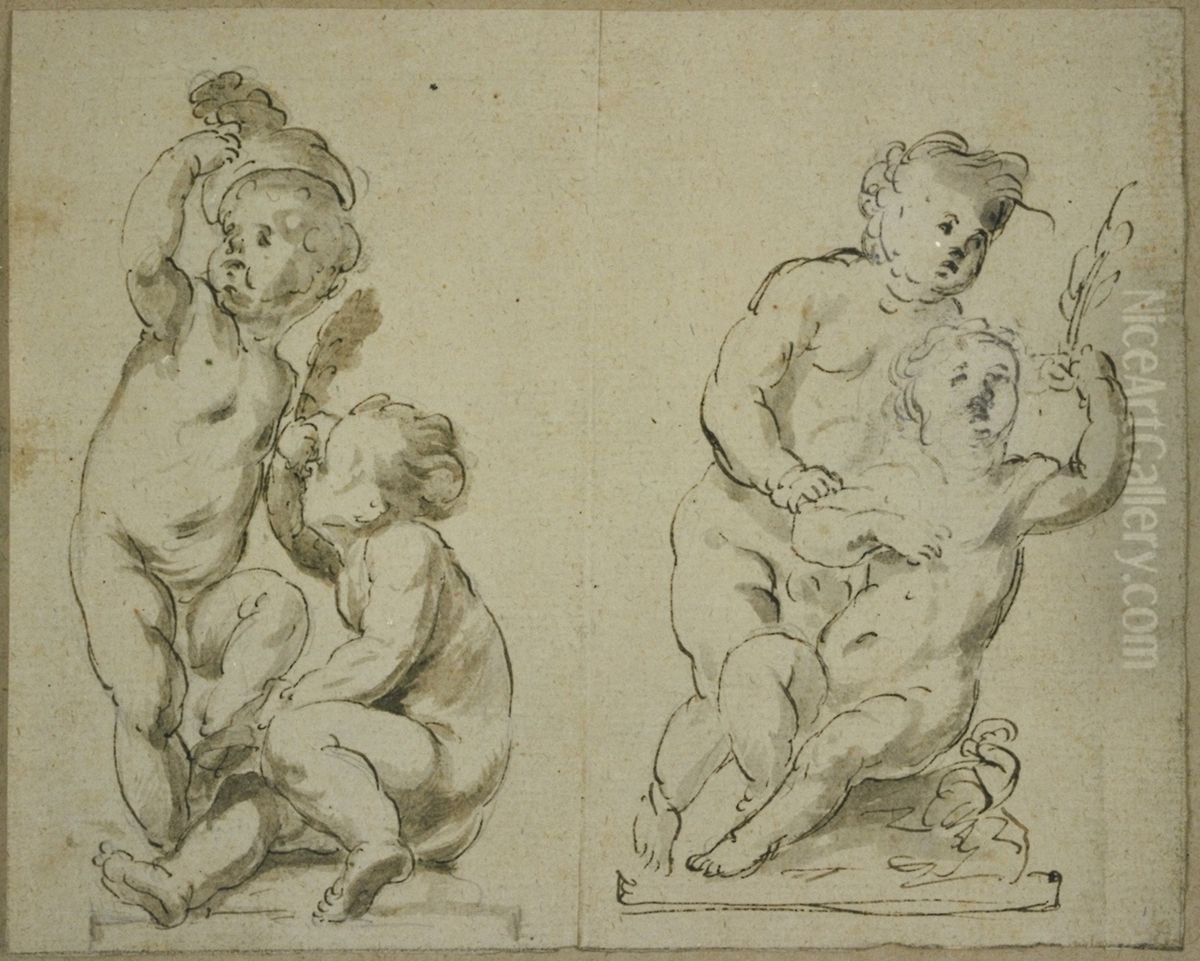 Two groups of children at play on a pedestal Oil Painting by unknown