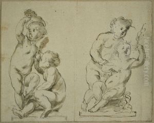 Two groups of children at play on a pedestal