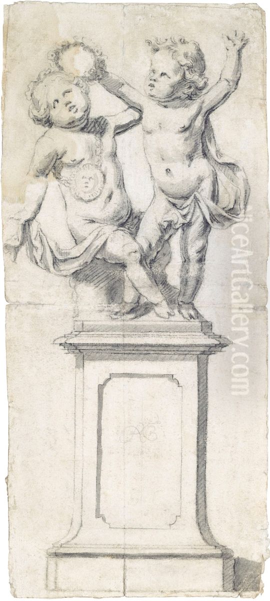 Garden statue: two children on a high pedestal Oil Painting by Jan Pieter van Baurscheit the Elder