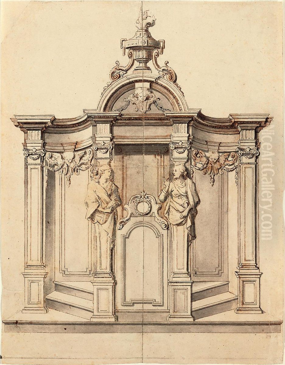 Entwurfszeichnung fur einen Beichtstuhl mit Hermenstatuen von Jesus und der Samariterin Oil Painting by Jan Frans van Geel