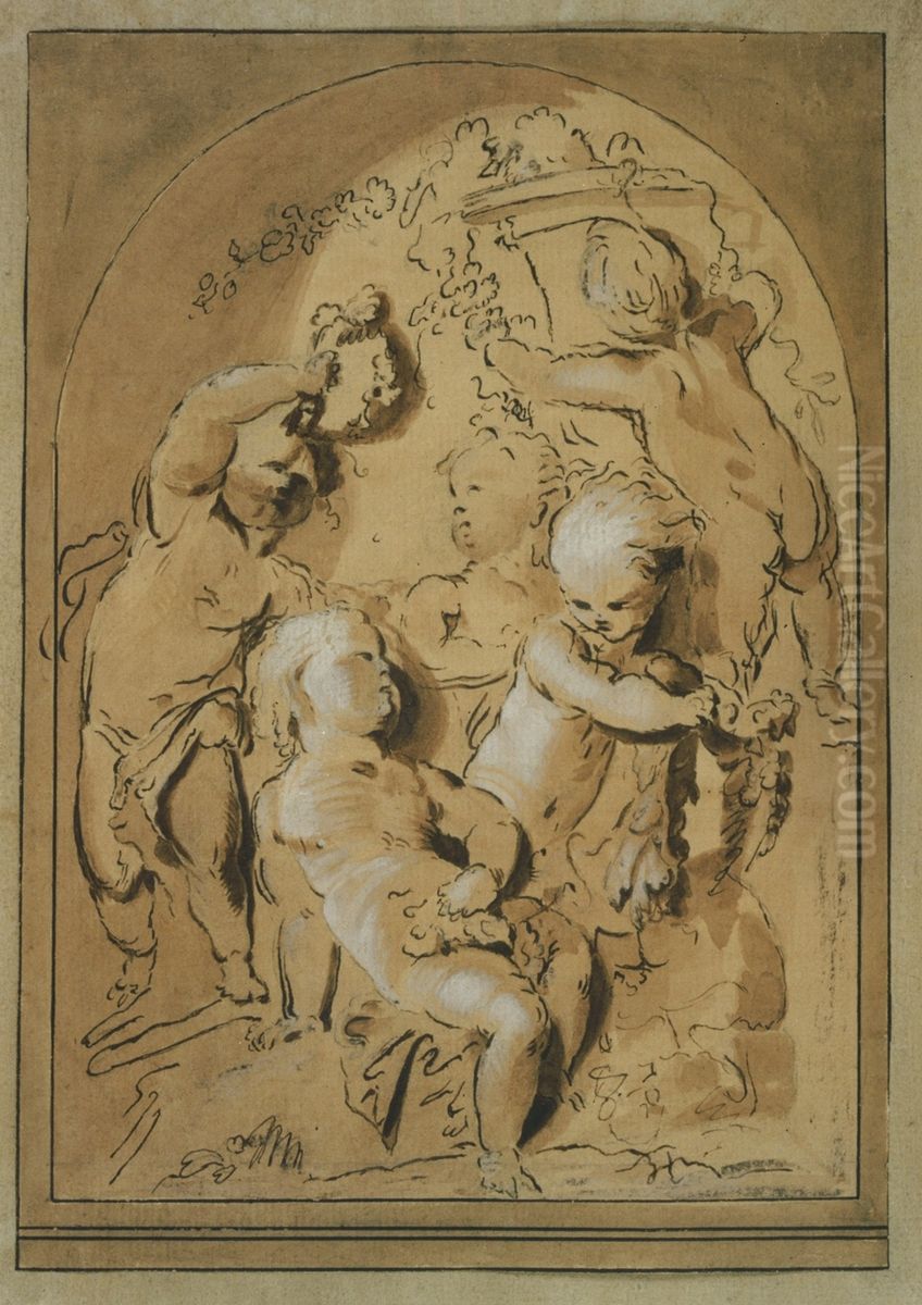 Entwurf fur eine Grisaille mit funf Putten Oil Painting by Jacob de Wit