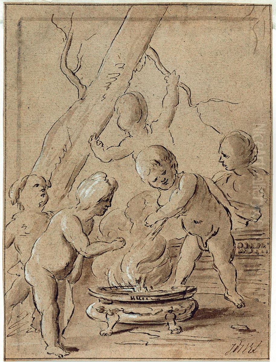 Ontwerp voor een allegorische uitbeelding van de Winter Oil Painting by Jacob de Wit