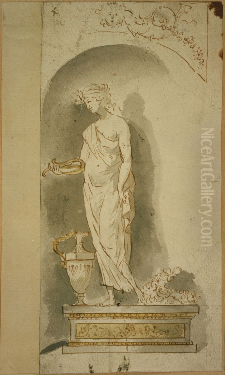 Femme avec harpe, sur une scene Oil Painting by unknown