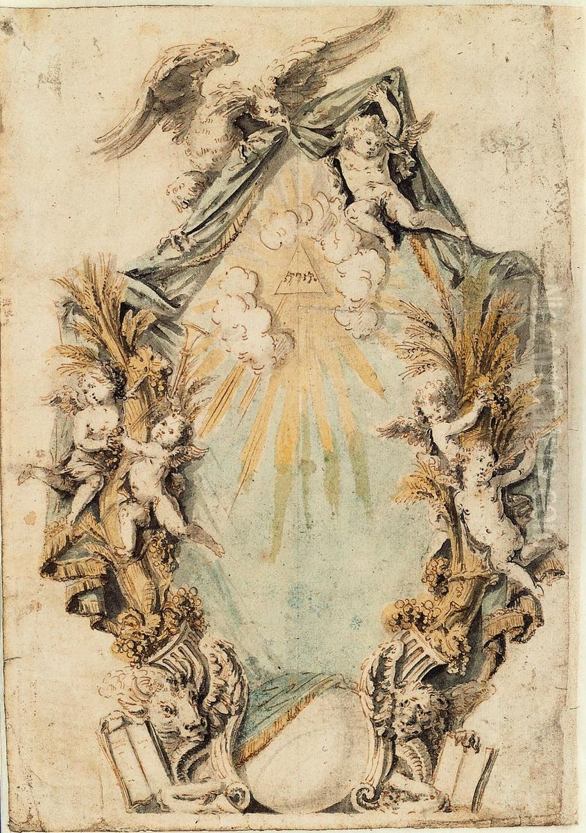 Canopy with symbols of the Evangelists and cherubs, 1713 (?) Oil Painting by Willem Ignatius Kerricx