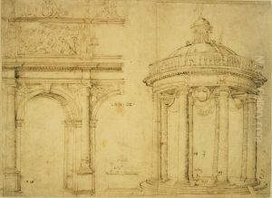 Dessin a la plume d'un portique et d'un temple rond