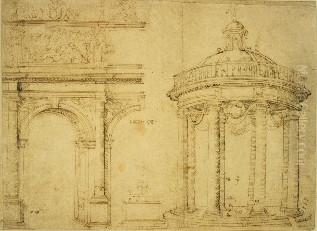 Pentekening van een portiek en ronde tempel Oil Painting by unknown