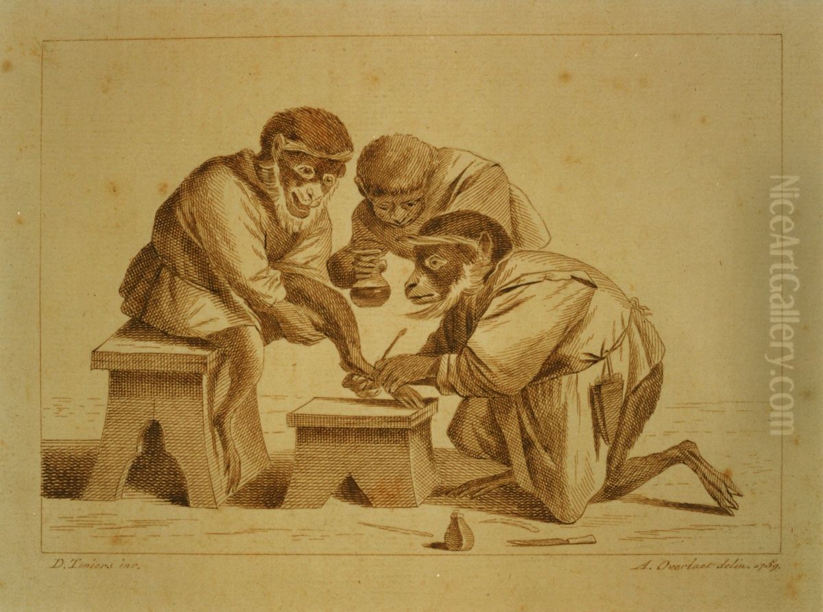 Trois singes qui se font des soins aux pieds Oil Painting by unknown