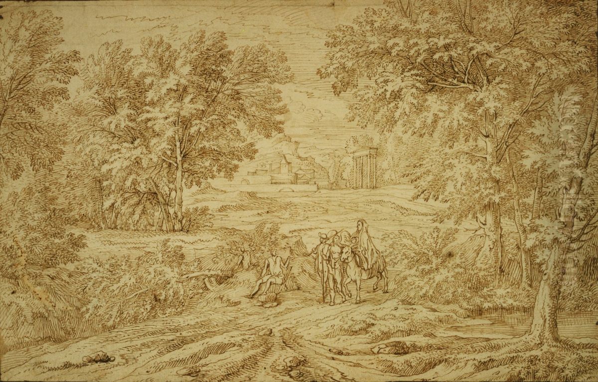 Flucht der heiligen Familie in einer italianisierenden Landschaft Oil Painting by unknown