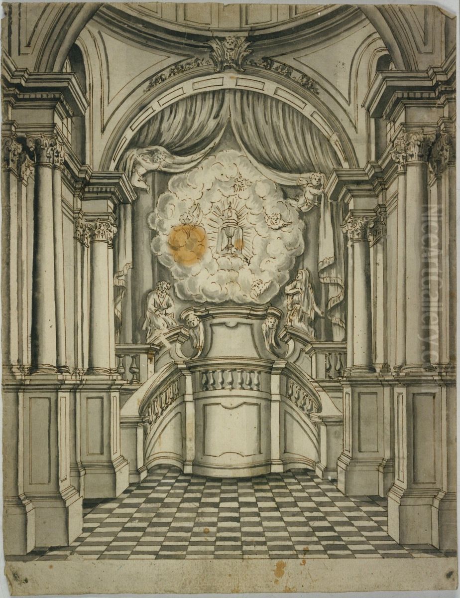 Tekening van een kerkinterieur met expositietroon Oil Painting by unknown