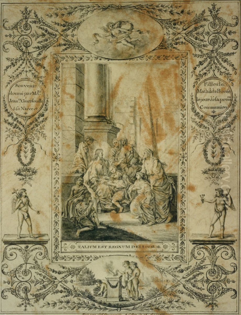 Title page (?) drawn on the occasion of a first communion, depicting Christ surrounded by children Oil Painting by unknown